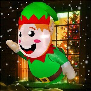 3.5 Ft Christmas Inflatable Santa Elf Lean Out from Window, with LED Lights